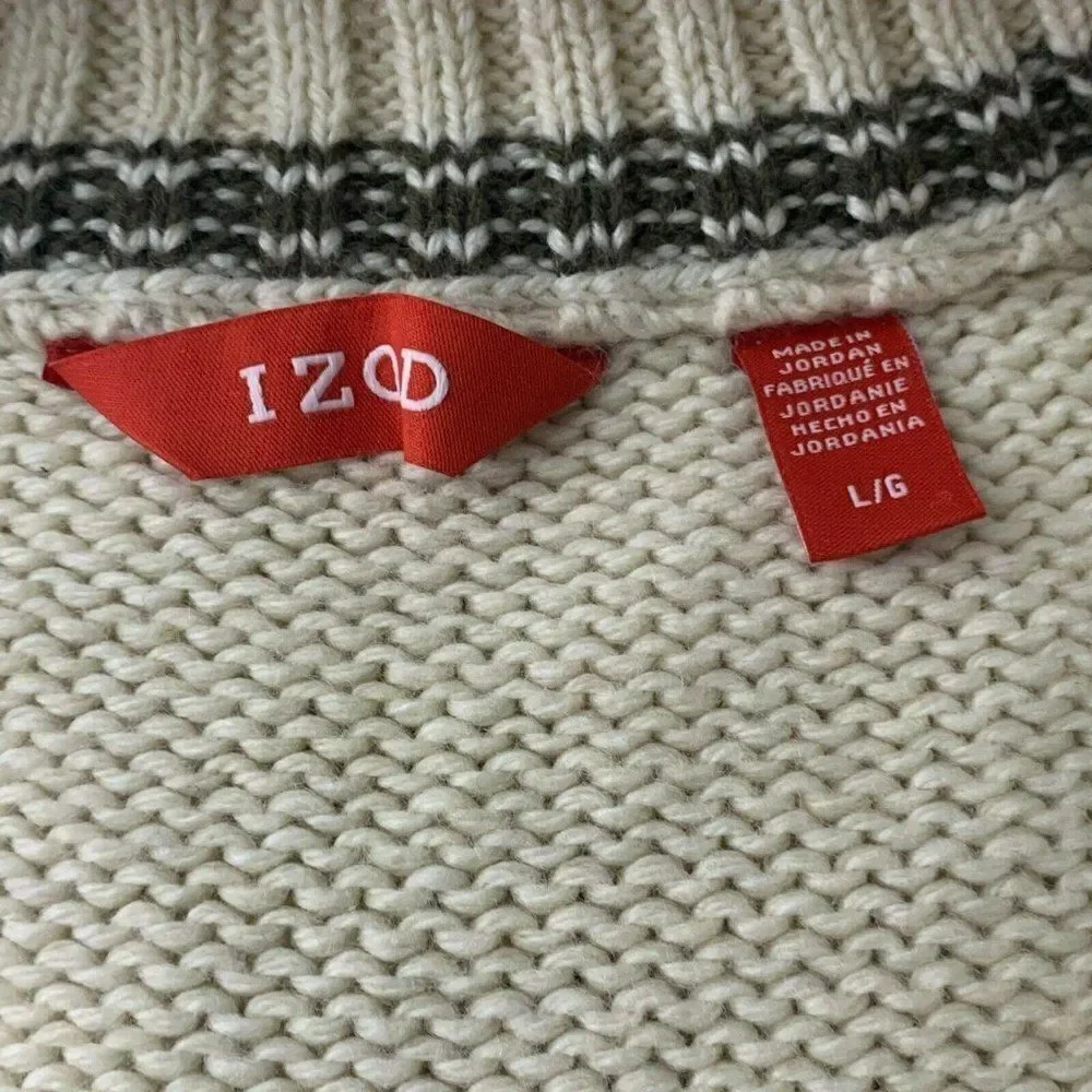 Izod Fair Isle Knit Sweater L Cream Pullover Mock